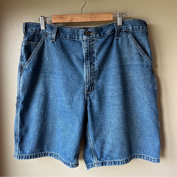 VTG Carhartt Carpenter Jean Shorts Men Size 38 Blue Denim Workwear Cargo B28 DPS - Picture 1 of 14